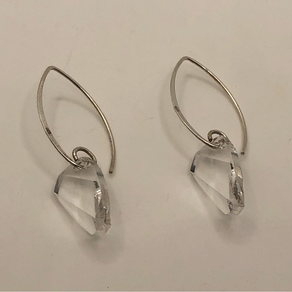 Sterling Crystal Drop Curved Wire Post Earrings Facet Cut 2” - Picture 3 of 6